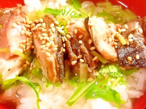 カツオのタタキと水菜のお茶漬け